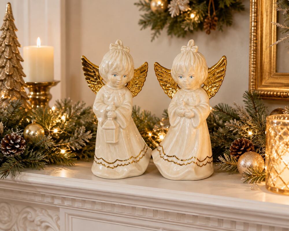 Vintage Ceramic Christmas Angels Gold Wings Pair